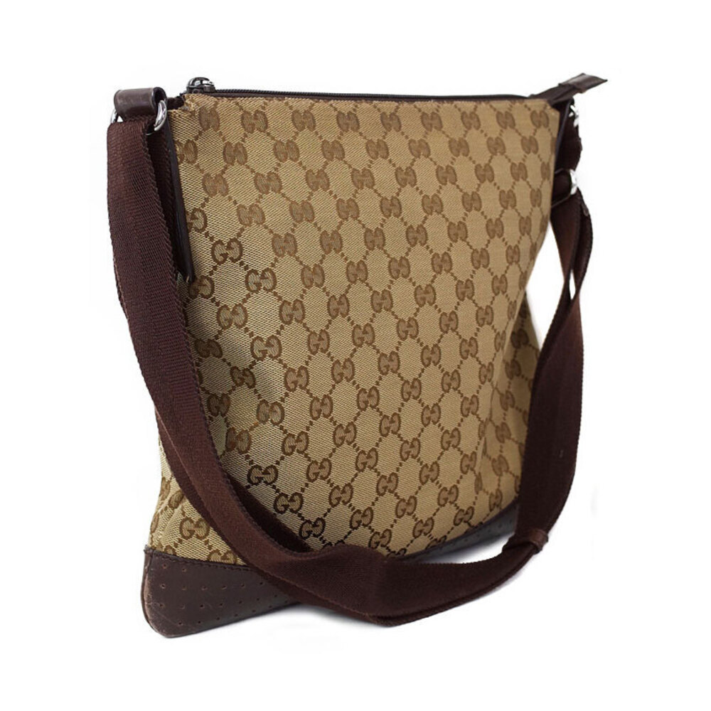 Gucci Crossbody Perforated Canvas Bag Leather Brown GG Messenger